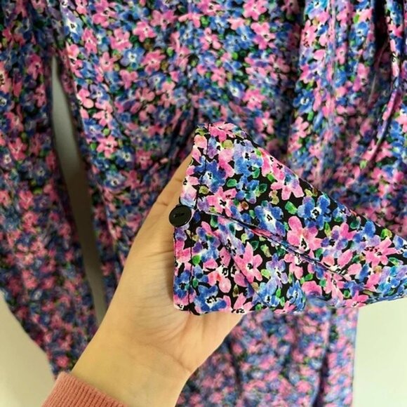 Zara Ditsy Floral Puff Sleeve Midi Dress XS Pink Purple Cottage Romantic - Picture 3 of 6